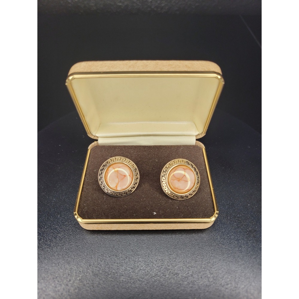 Round Gold Tone Greek Key Marbled Pink Stone Cuff Links with Box